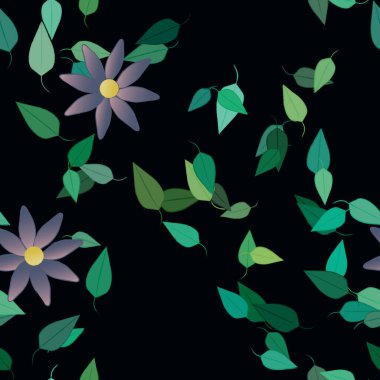 Yeşil yapraklı soyut çiçekler pürüzsüz desen, vektör çizimi