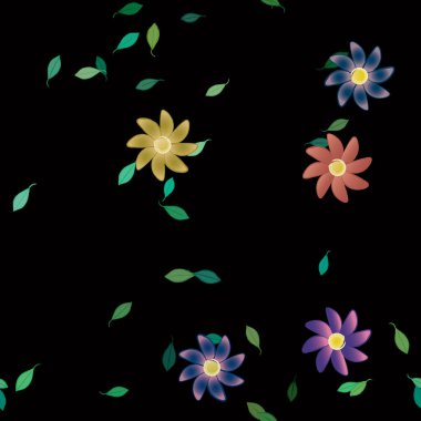 Yeşil yapraklı soyut çiçekler pürüzsüz desen, vektör çizimi