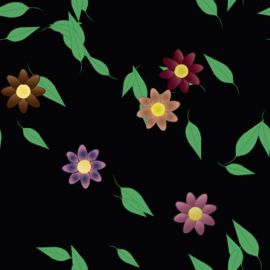 Yeşil yapraklı soyut çiçekler pürüzsüz desen, vektör çizimi