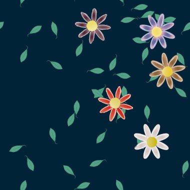 Yeşil yapraklı soyut çiçekler pürüzsüz desen, vektör çizimi