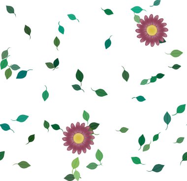 Yeşil yapraklı soyut çiçekler pürüzsüz desen, vektör çizimi