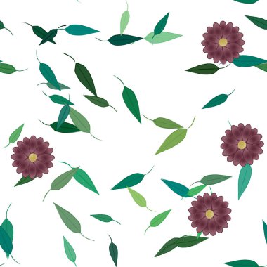 Yeşil yapraklı soyut çiçekler pürüzsüz desen, vektör çizimi