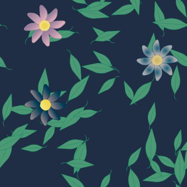 Yeşil yapraklı soyut çiçekler pürüzsüz desen, vektör çizimi