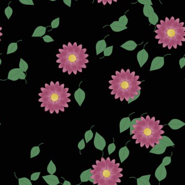 Yeşil yapraklı soyut çiçekler pürüzsüz desen, vektör çizimi