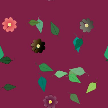 Yeşil yapraklı soyut çiçekler pürüzsüz desen, vektör çizimi