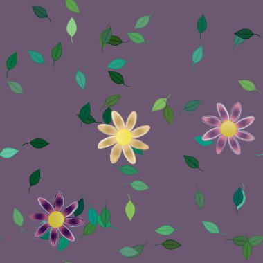 Yeşil yapraklı soyut çiçekler pürüzsüz desen, vektör çizimi