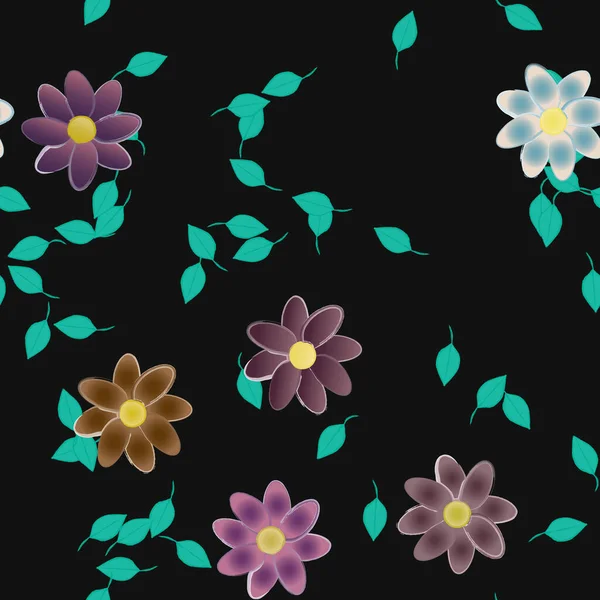 Flores Abstractas Con Hojas Verdes Patrón Sin Costura Ilustración Vectorial — Vector de stock