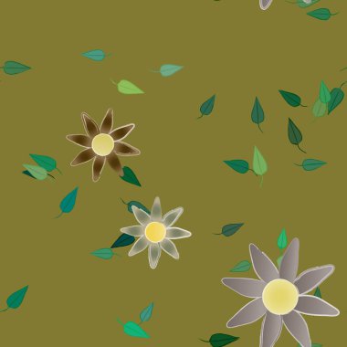 Yeşil yapraklı soyut çiçekler pürüzsüz desen, vektör çizimi