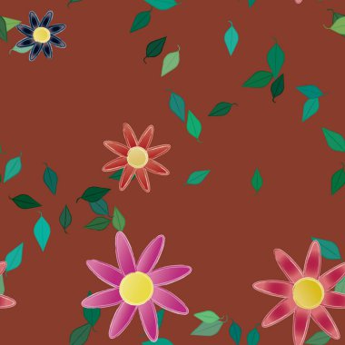 Yeşil yapraklı soyut çiçekler pürüzsüz desen, vektör çizimi