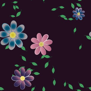 Yeşil yapraklı soyut çiçekler pürüzsüz desen, vektör çizimi