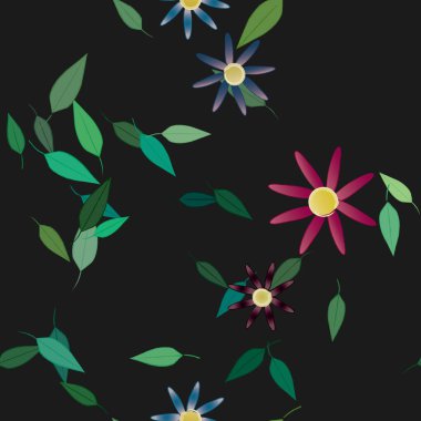 Yeşil yapraklı soyut çiçekler pürüzsüz desen, vektör çizimi