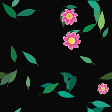 Yeşil yapraklı soyut çiçekler pürüzsüz desen, vektör çizimi