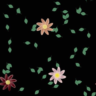 Yeşil yapraklı soyut çiçekler pürüzsüz desen, vektör çizimi