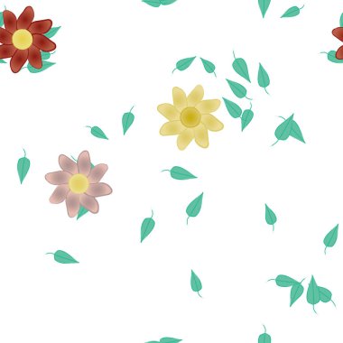 Yeşil yapraklı soyut çiçekler pürüzsüz desen, vektör çizimi
