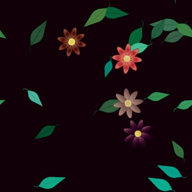 Yeşil yapraklı soyut çiçekler pürüzsüz desen, vektör çizimi