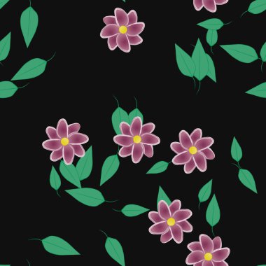 Yeşil yapraklı soyut çiçekler pürüzsüz desen, vektör çizimi