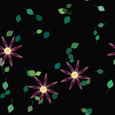 Yeşil yapraklı soyut çiçekler pürüzsüz desen, vektör çizimi