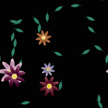 Yeşil yapraklı soyut çiçekler pürüzsüz desen, vektör çizimi