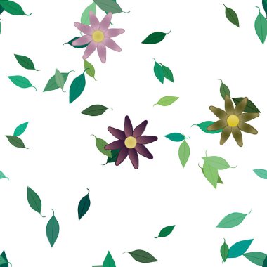 Yeşil yapraklı soyut çiçekler pürüzsüz desen, vektör çizimi