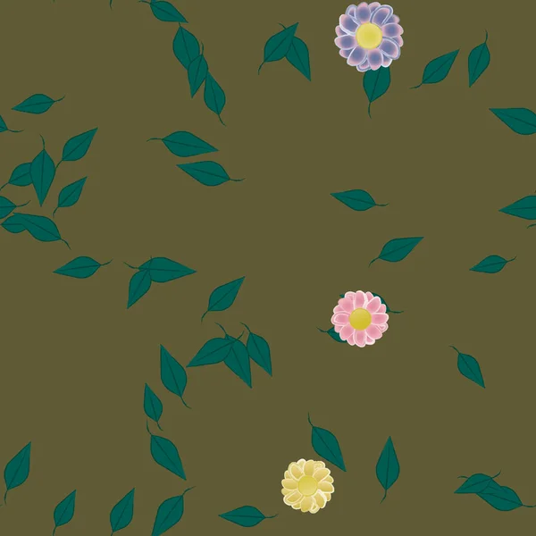 Flores Abstractas Con Hojas Verdes Patrón Sin Costura Ilustración Vectorial — Vector de stock