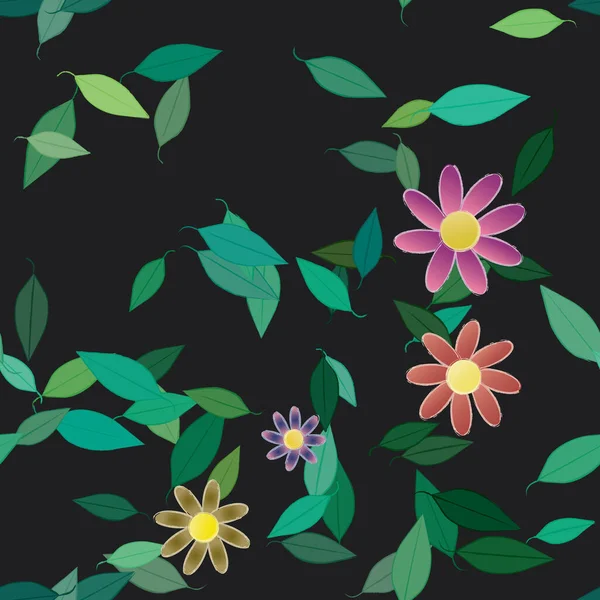 Flores Abstractas Con Hojas Verdes Patrón Sin Costura Ilustración Vectorial — Vector de stock