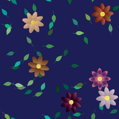 Yeşil yapraklı soyut çiçekler pürüzsüz desen, vektör çizimi