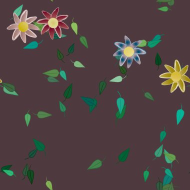 Yeşil yapraklı soyut çiçekler pürüzsüz desen, vektör çizimi