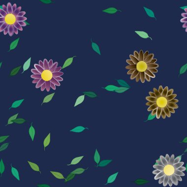 Yeşil yapraklı soyut çiçekler pürüzsüz desen, vektör çizimi