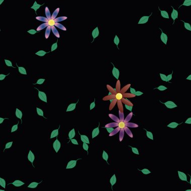 Yeşil yapraklı soyut çiçekler pürüzsüz desen, vektör çizimi