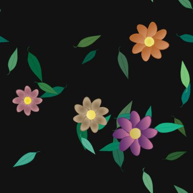 Yeşil yapraklı soyut çiçekler pürüzsüz desen, vektör çizimi