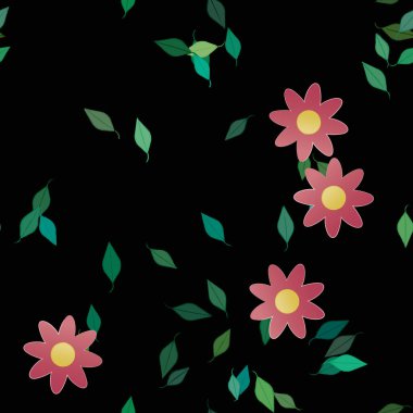 Yeşil yapraklı soyut çiçekler pürüzsüz desen, vektör çizimi