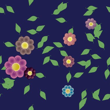 Yeşil yapraklı soyut çiçekler pürüzsüz desen, vektör çizimi