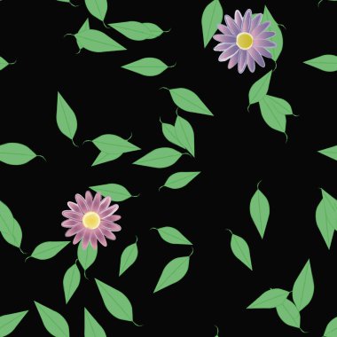 Yeşil yapraklı soyut çiçekler pürüzsüz desen, vektör çizimi