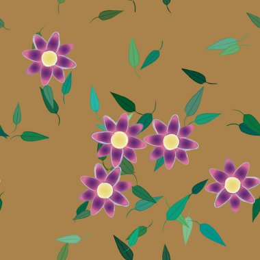 Yeşil yapraklı soyut çiçekler pürüzsüz desen, vektör çizimi