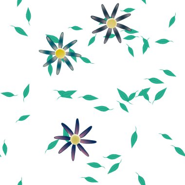 Yeşil yapraklı soyut çiçekler pürüzsüz desen, vektör çizimi