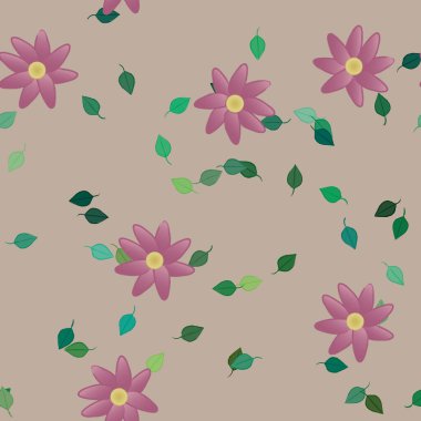 Yeşil yapraklı soyut çiçekler pürüzsüz desen, vektör çizimi