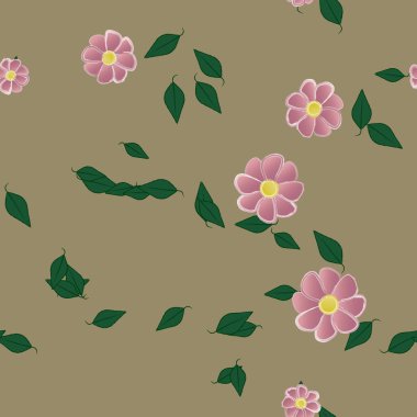 Yeşil yapraklı soyut çiçekler pürüzsüz desen, vektör çizimi