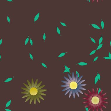 Yeşil yapraklı soyut çiçekler pürüzsüz desen, vektör çizimi