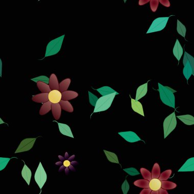 Yeşil yapraklı soyut çiçekler pürüzsüz desen, vektör çizimi