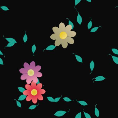 Yeşil yapraklı soyut çiçekler pürüzsüz desen, vektör çizimi