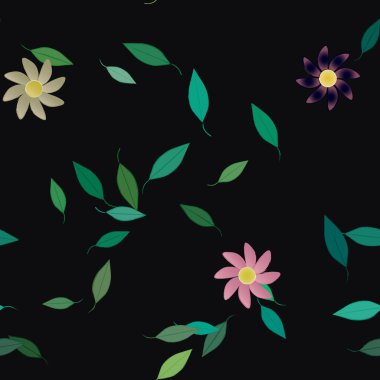 Yeşil yapraklı soyut çiçekler pürüzsüz desen, vektör çizimi