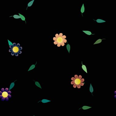 Yeşil yapraklı soyut çiçekler pürüzsüz desen, vektör çizimi