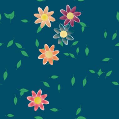 Yeşil yapraklı soyut çiçekler pürüzsüz desen, vektör çizimi