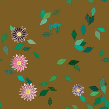 Yeşil yapraklı soyut çiçekler pürüzsüz desen, vektör çizimi