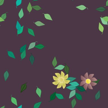 Yeşil yapraklı soyut çiçekler pürüzsüz desen, vektör çizimi
