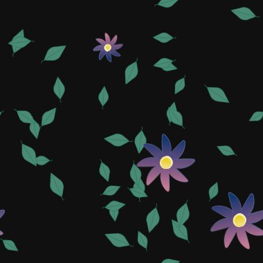 Yeşil yapraklı soyut çiçekler pürüzsüz desen, vektör çizimi