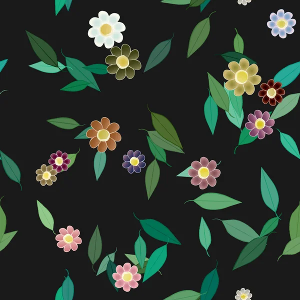 Fleurs Abstraites Avec Des Feuilles Vertes Motif Sans Couture Illustration — Image vectorielle