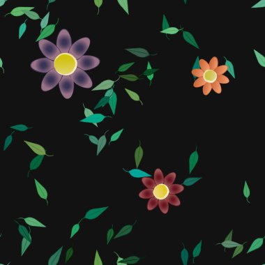 Yeşil yapraklı soyut çiçekler pürüzsüz desen, vektör çizimi