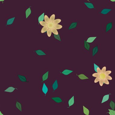 Yeşil yapraklı soyut çiçekler pürüzsüz desen, vektör çizimi