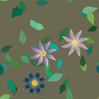 Yeşil yapraklı soyut çiçekler pürüzsüz desen, vektör çizimi